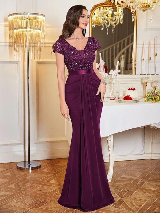 Dresses & Skirts - Women's Deep V-Neck Lace Sequin Pleated Evening Formal Dress MAROON